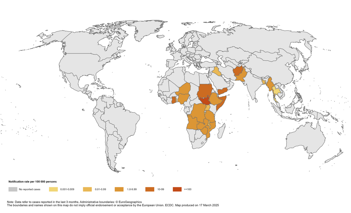 Geographical distribution of cholera cases reported worldwide from February 2025 to April 2025